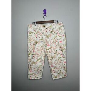 Croft Barrow Floral Capri Pants Women Size 16 Stretch White Pink Rose Print
